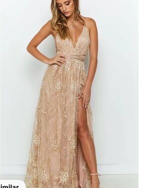 Beginning Boutique Champagne Sequin Plunge Maxi Dress